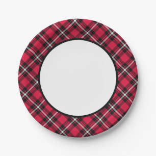 Cherry Red and Black Sporty Plaid Border Paper Plate