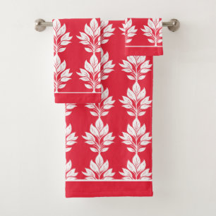 Cherry Red and White Elegant Leaf Pattern Bath Towel Set