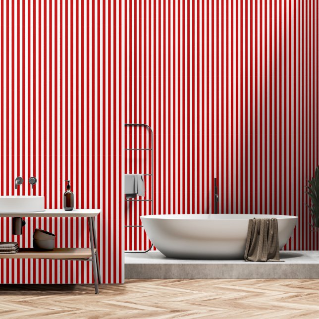 Cherry Red And White Stripes Wallpaper (Bathroom)