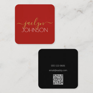 Cherry Red Black Gold Personalised Name Minimalist Square Business Card