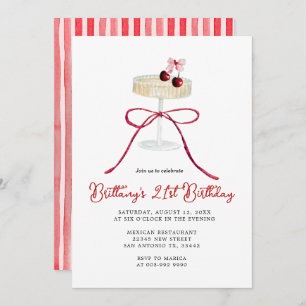 Cherry Red Bow Champagne 21st Birthday Invitation