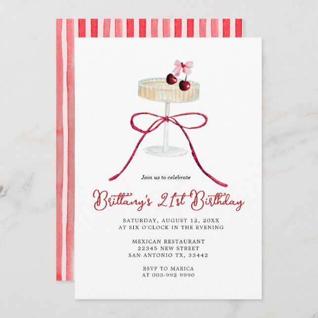 Cherry Red Bow Champagne 21st Birthday Invitation (Front/Back)