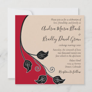 Cherry Red Champagne Black Leafy Vine Wedding Invitation