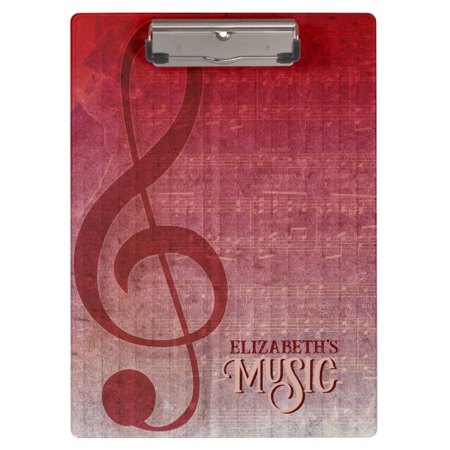 Cherry Red Clef Music Sheet Personalised Clipboard (Front)