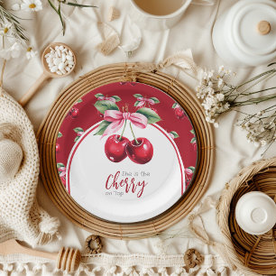 Cherry Red Coquette Bow Girl Baby Shower Paper Plate