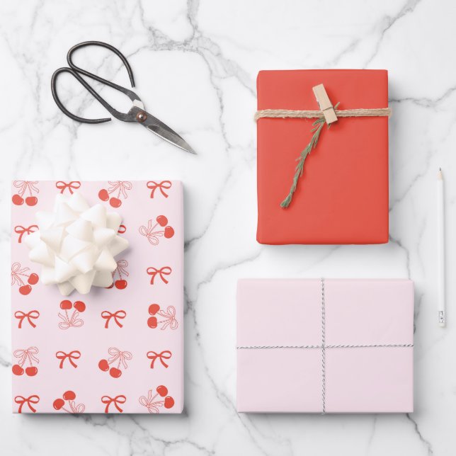 Cherry Red Coquette Bow Girly Wrapping Paper Set (Front)