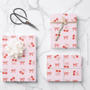 Cherry Red Coquette Bow Girly Wrapping Paper Set