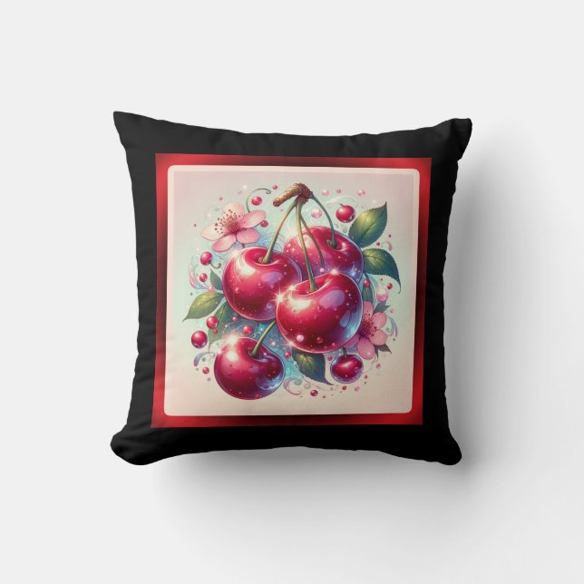 Cherry Red Cute Cherries Floral Girly Pink  Cushion (Front)