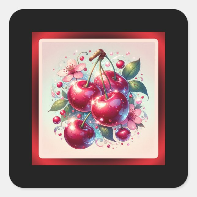 Cherry Red Cute Cherries Floral Girly Pink  Square Sticker (Front)