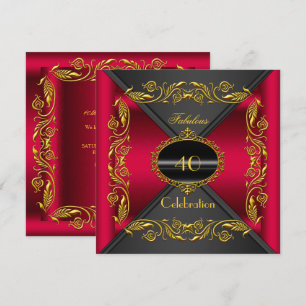 Cherry Red Elegant Black Gold Fabulous 40th Party Invitation
