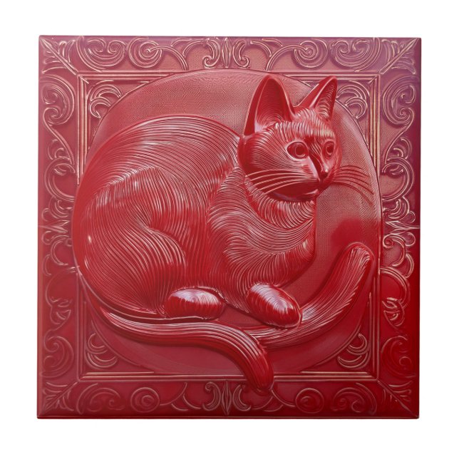 Cherry red faux relief Art Nouveau Cat Tile (Front)