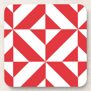 Cherry Red Geometric Deco Cube Pattern Coaster