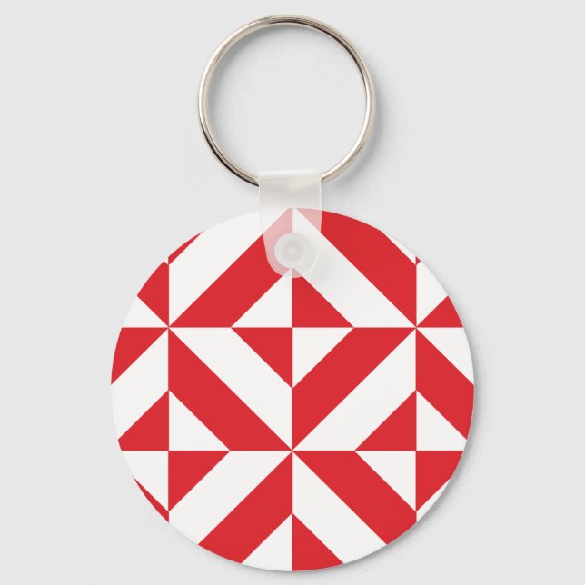 Cherry Red Geometric Deco Cube Pattern Key Ring (Front)