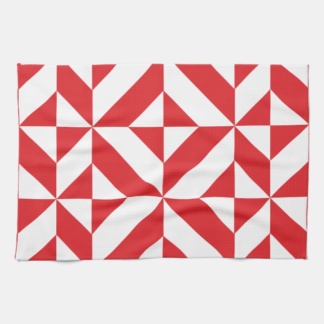 Cherry Red Geometric Deco Cube Pattern Tea Towel (Horizontal)