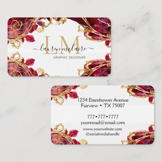 Cherry Red & Gold Monogram Script Business Card (Front/Back)