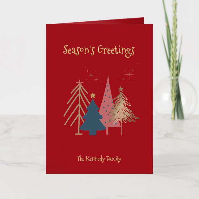 Cherry Red Green Pink & Gold Christmas Trees  Foil Greeting Card (Front)
