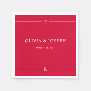 Cherry Red Modern Lines and Monogram Wedding Napkin