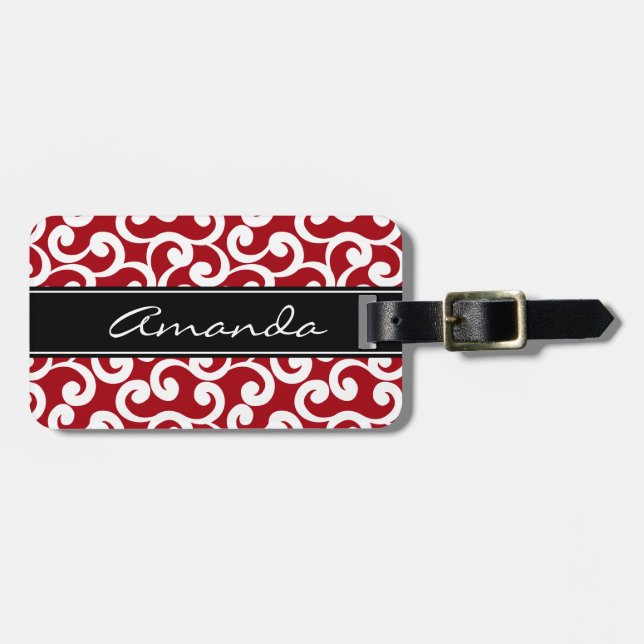 Cherry Red Monogrammed Elements Print Luggage Tag (Front Horizontal)
