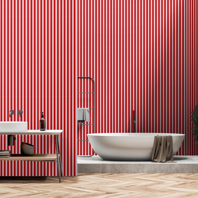 Cherry Red On Dusty Rose Pink Stripes Wallpaper (Bathroom)