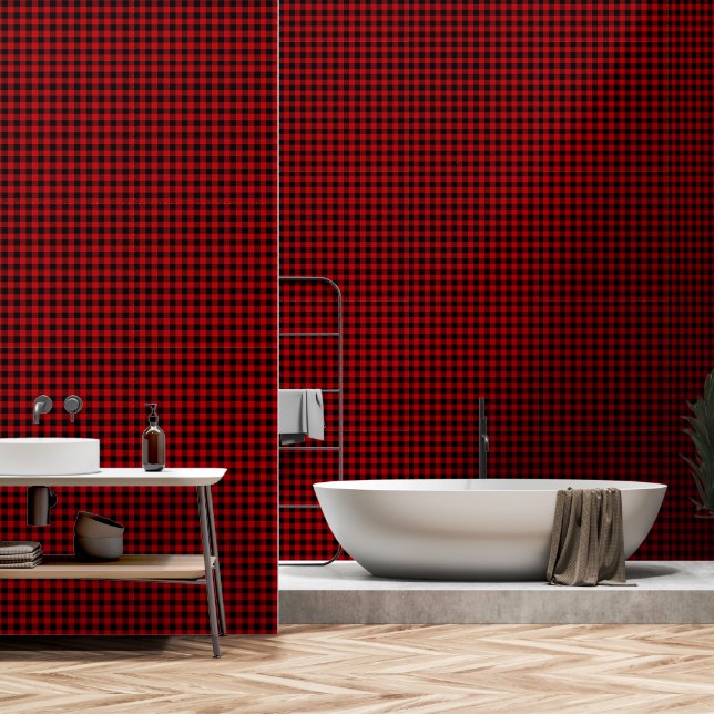 Cherry Red One Inch Wide Buffalo Plaid Wallpaper (Bathroom)