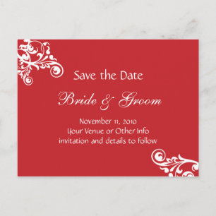 Cherry Red Personalised Flourish Save the Date Announcement Postcard