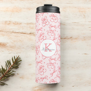 Cherry Red Pink Bow Coquette Pattern Custom Name Thermal Tumbler