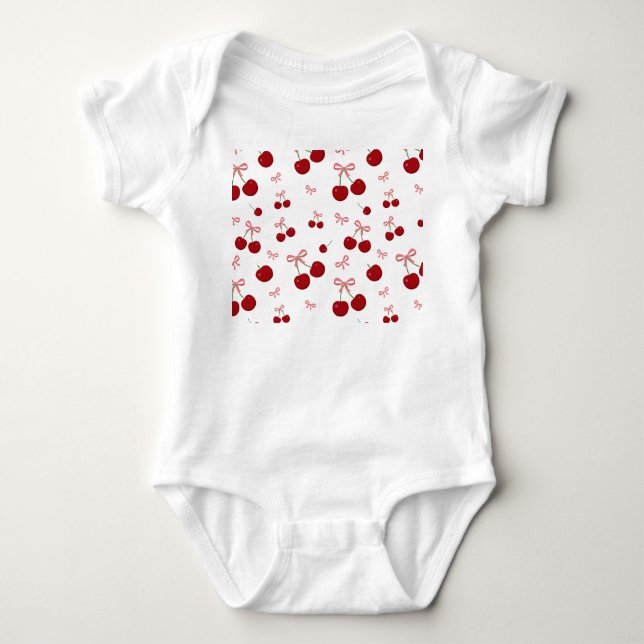Cherry Red Ribbon Seamless Pattern Cute Fruit Desi Baby Bodysuit (Front)