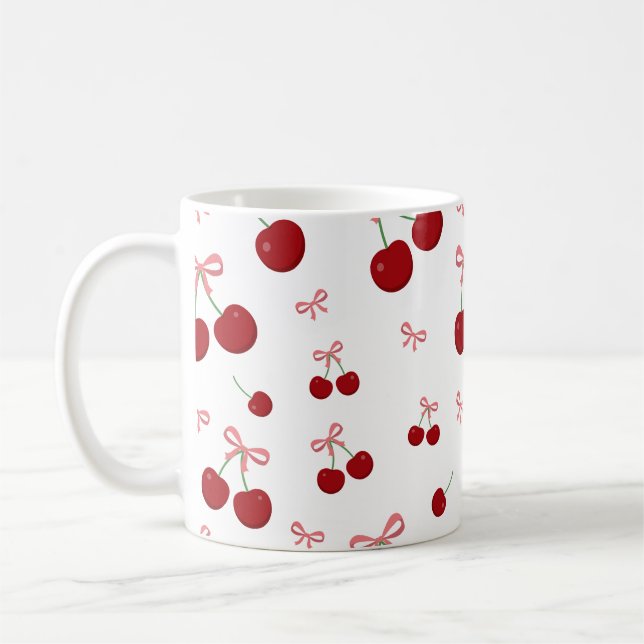 Cherry Red Ribbon Seamless Pattern Cute Fruit Desi Coffee Mug (Left)