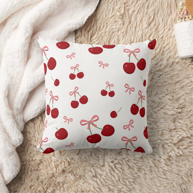 Cherry Red Ribbon Seamless Pattern Cute Fruit Desi Cushion (Blanket)