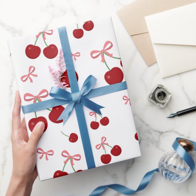 Cherry Red Ribbon Seamless Pattern Cute Fruit Desi Wrapping Paper (Gifting)