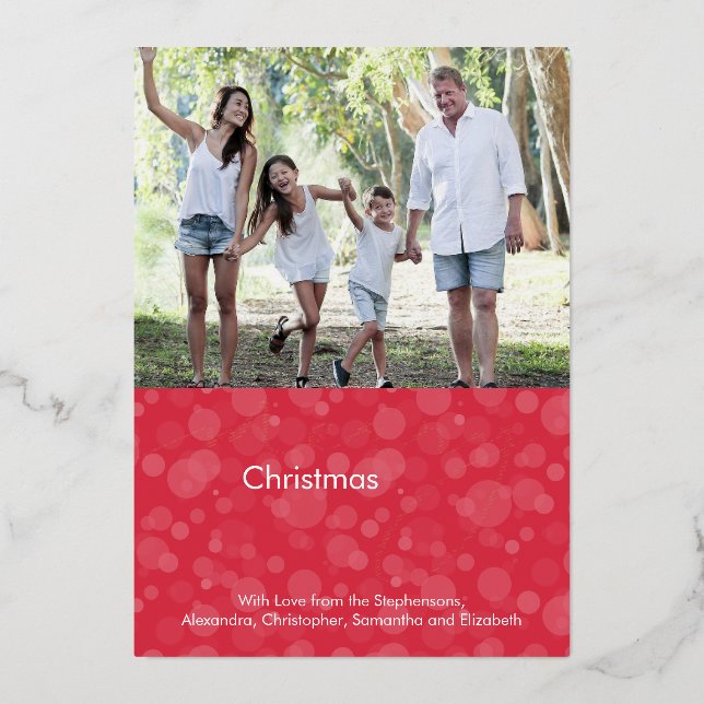 Cherry Red Script Bokeh Merry Christmas Photo Foil Holiday Card (Front)