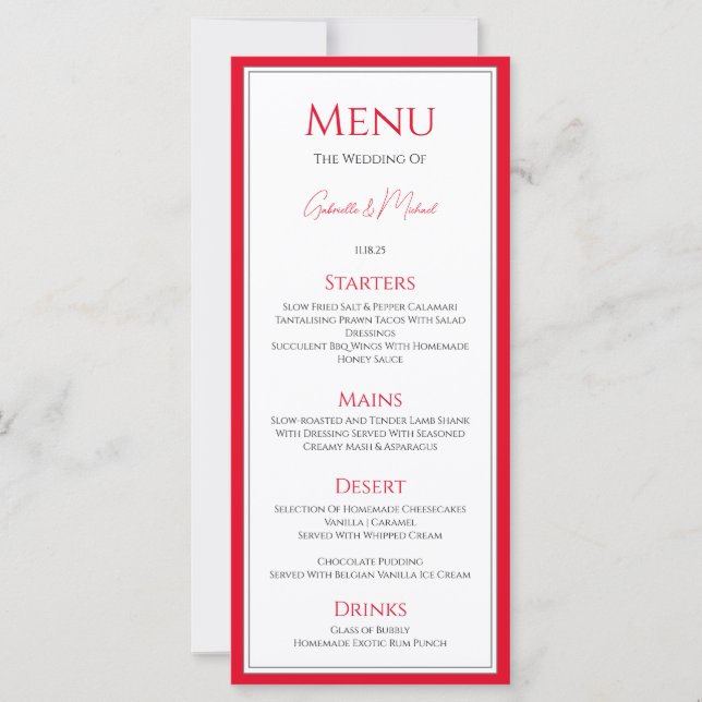 Cherry Red Traditional Simple Elegant Wedding Menu (Front)