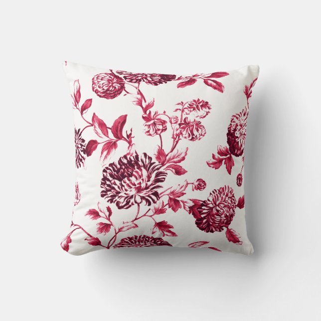 Cherry Red & White Floral Toile No.2 Cushion (Front)