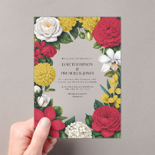Cherry Red, White & Gold Floral Wedding Acrylic Invitations