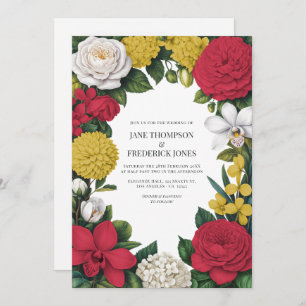 Cherry Red, White & Gold Floral Wedding Invitation