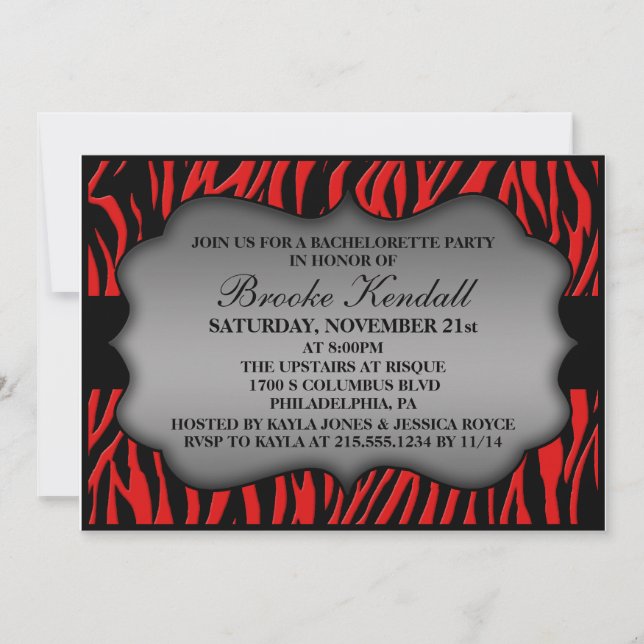 Cherry Red Wild Night Zebra Bachelorette Party Invitation (Front)