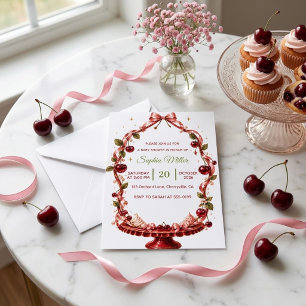 Cherry Ribbon Baby Shower Pink Satin Dessert Invitation
