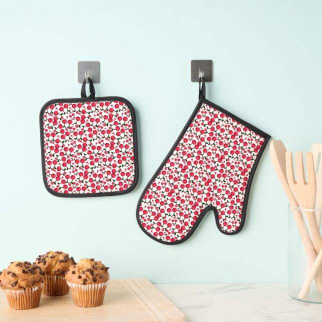 Cherry Seamless Pattern, Red Fruit Pattern, Cute C Oven Mitt & Pot Holder Set (Insitu(Hanging))