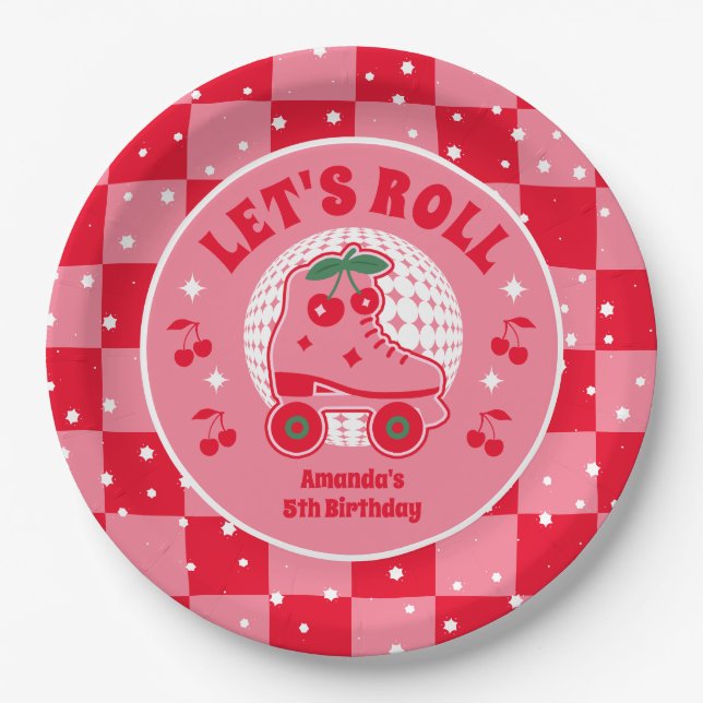 Cherry Skates | Retro Roller Skating Birthday Paper Plate (Front)