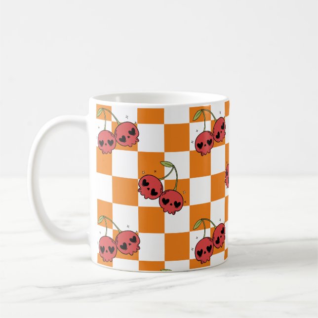 Cherry Skull Chequerboard – Cute Goth Style Coffee Mug (Left)