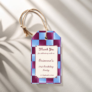 Cherry sky blue checks modern birthday party gift tags