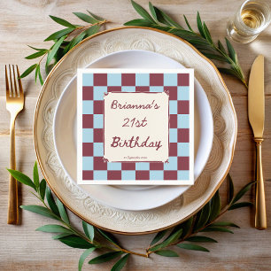 Cherry sky blue checks modern birthday party napkin