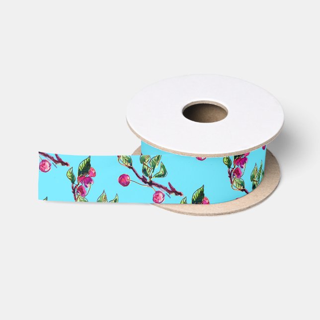 Cherry Splendour with turqoise background Satin Ribbon (Spool)
