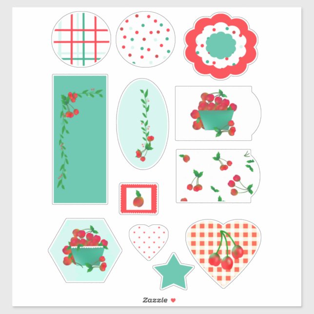 Cherry Stems, Plaid and Dots Cut Vinyl Stickers (Sheet)