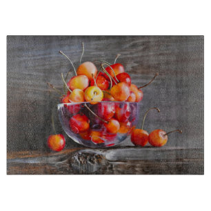Cherry Still Life in Glass Stretched Canvas Print Cutting Board