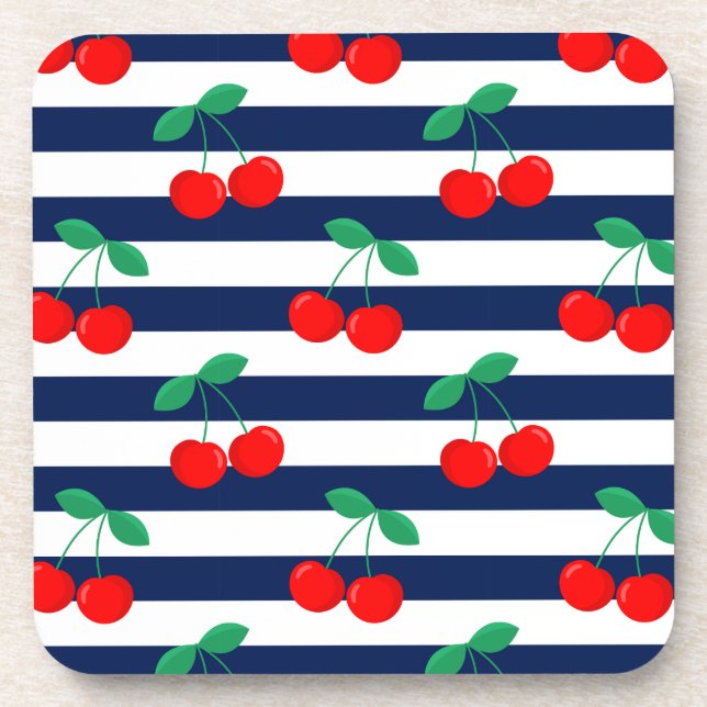 Cherry Stripe Pattern – Retro Fruit Gift & Decor Coaster (Front)