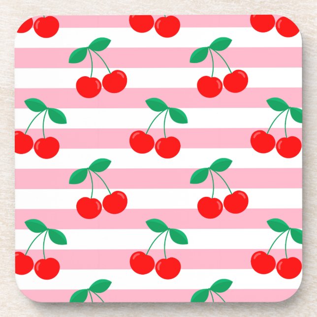 Cherry Stripe Pattern – Retro Fruit Gift & Decor Coaster (Front)