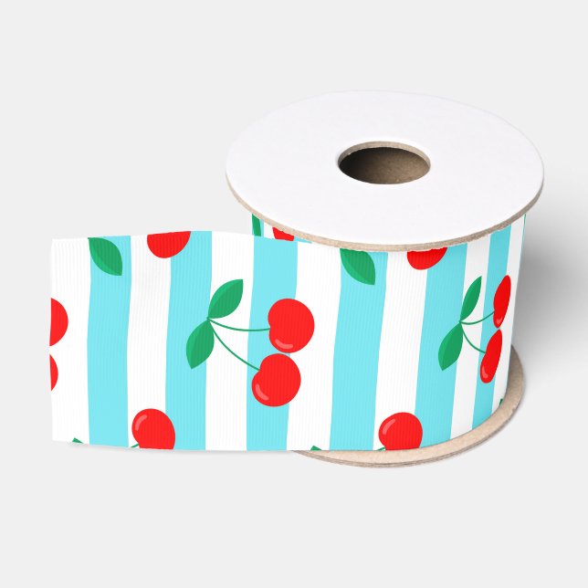 Cherry Stripe Pattern – Retro Fruit Gift & Decor Grosgrain Ribbon (Spool)