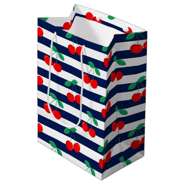Cherry Stripe Pattern – Retro Fruit Gift & Decor Medium Gift Bag (Front Angled)