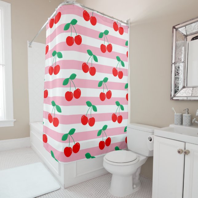Cherry Stripe Pattern – Retro Fruit Gift & Decor Shower Curtain (In Situ)